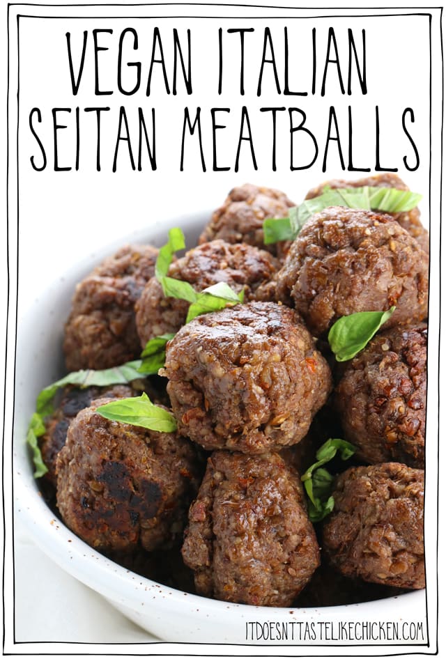 Vegan Italian Seitan Meatballs! Juicy, tender, flavourful, perfect for enjoying as an appetizer with a dipping sauce and even better for topping on pasta. Easy to make and can be prepared ahead of time or frozen for later. #itdoesnttastelikechicken #veganrecipes