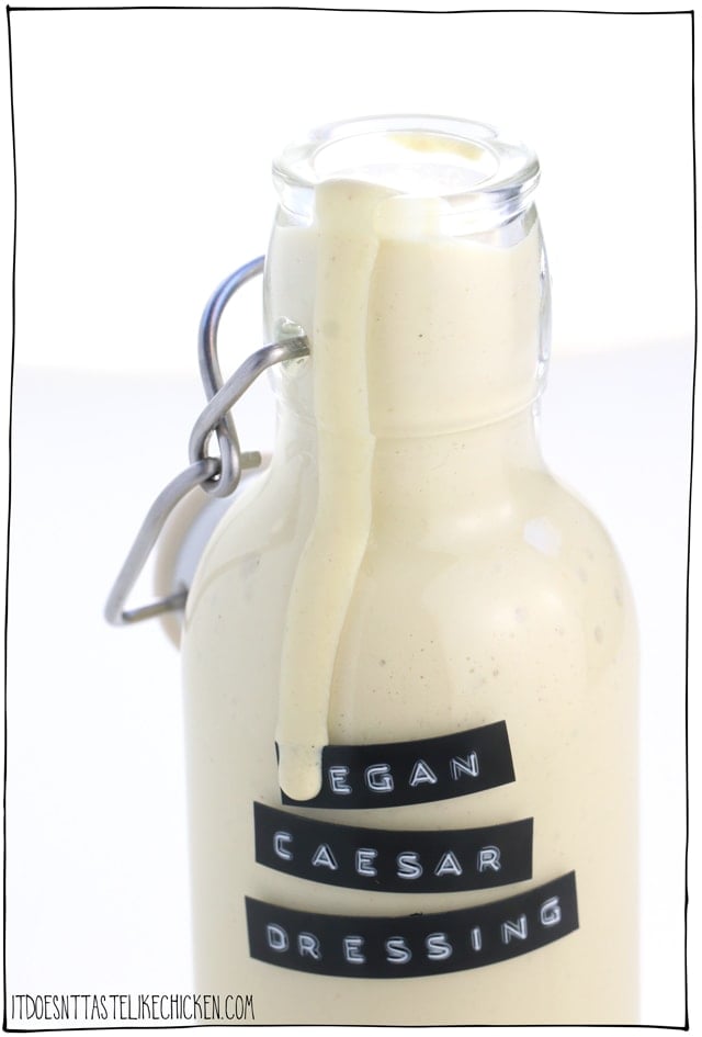 Vegan Cashew Caesar Salad Dressing! Just 7 ingredients and only takes 5 - 15 minutes to make. This healthy oil-free salad dressing tastes just like the traditional version but is SO much better for you! Great for dipping veggies as well. #itdoesnttastelikechicken #veganrecipes #wfpb