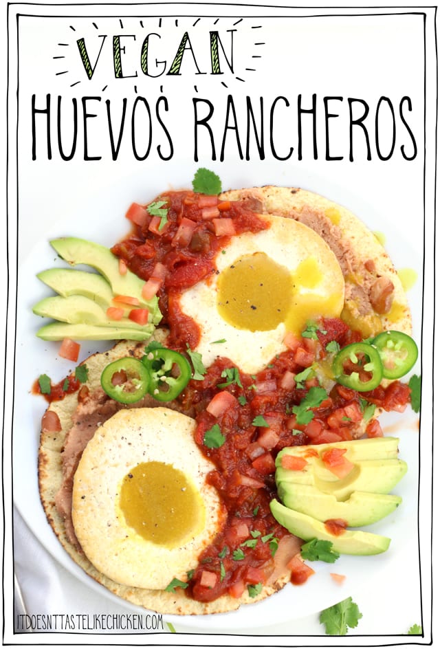 Vegan Huevos Rancheros! An easy Mexican-inspired breakfast recipe with vegan fried eggs (or tofu scramble), served with tortillas, refried beans, warmed salsa, and avocado. Perfect for a hearty plant-based brunch! #itdoesnttastelikechicken #veganrecipes #veganbreakfast