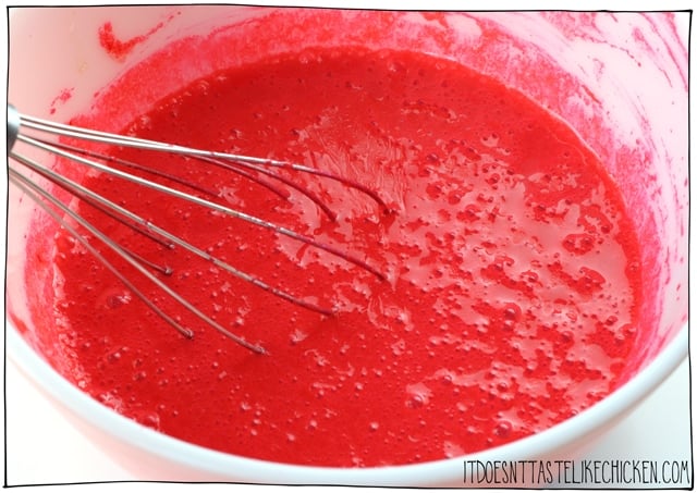 Mix together the wet ingredients and add food dye for the perfect red velvet cake colour