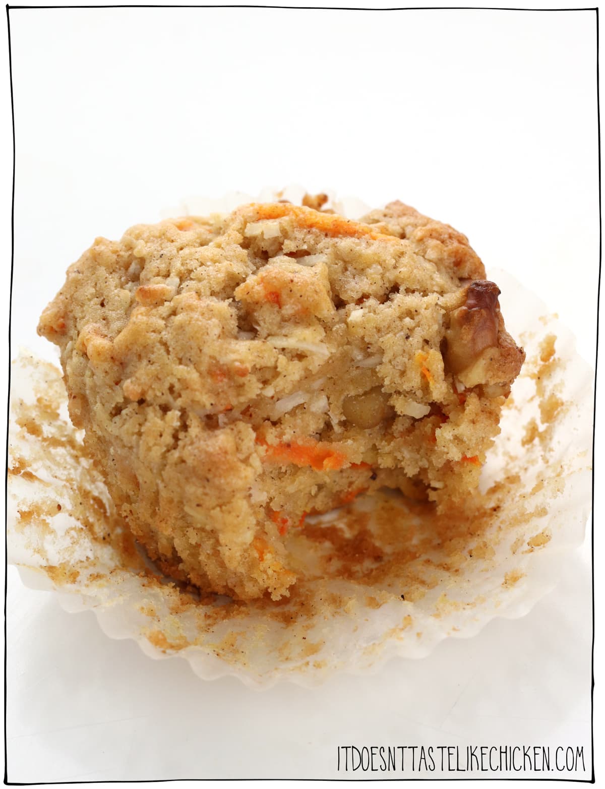 Easy Vegan Carrot Muffins! The tastiest muffins ever. Each muffin is bursting with sweet carrots, crunchy walnuts, chewy coconut, cinnamon, and nutmeg. Making these the BEST carrot muffins you will ever taste! #itdoesnttastelikechicken #veganrecipes #veganbaking #muffins