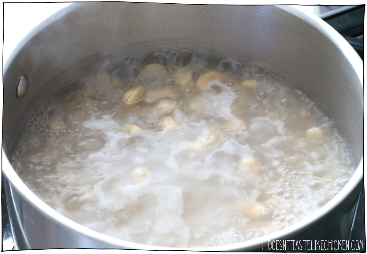 Boil or soak the cashews to soften them.