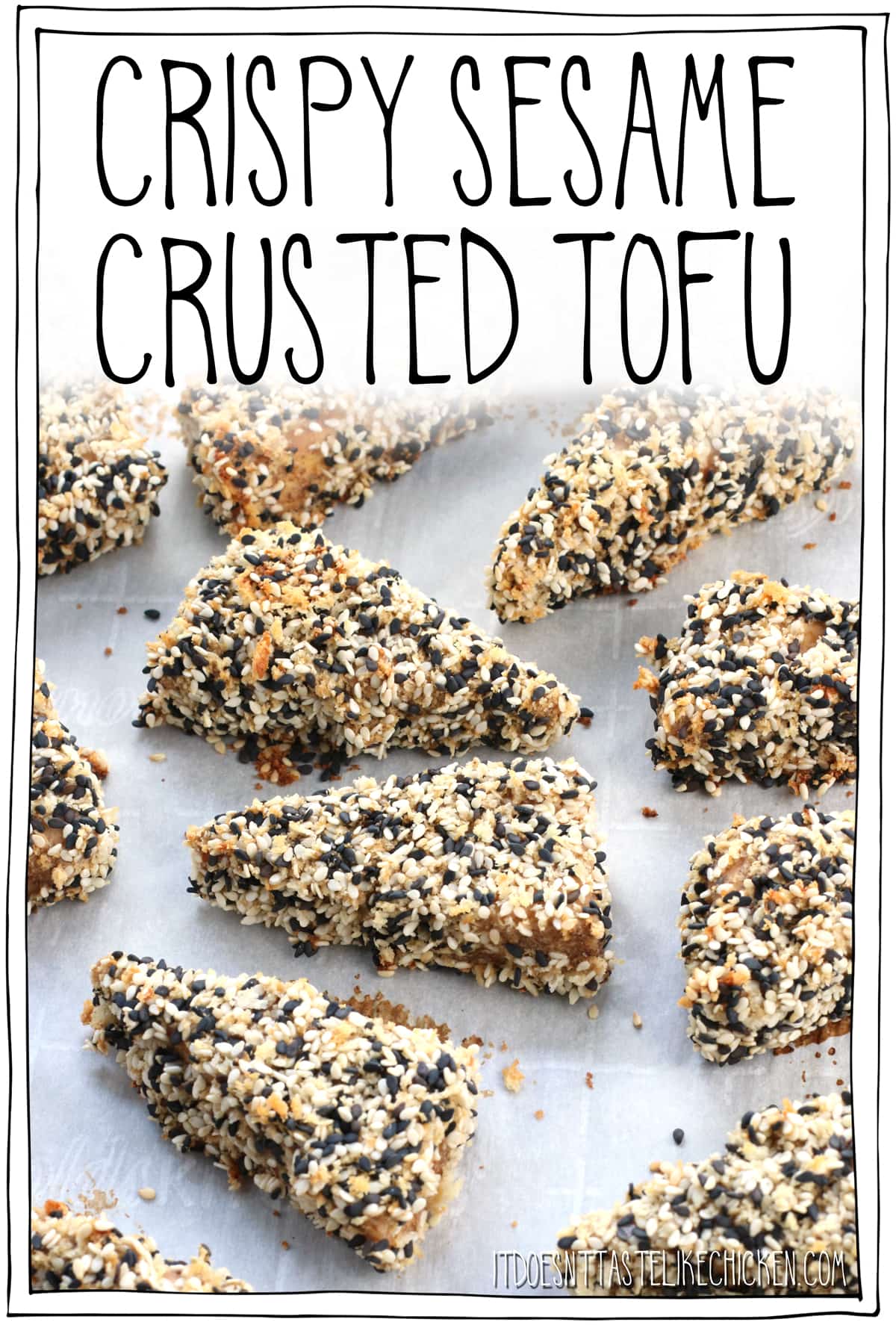 Crispy Sesame Crusted Tofu! Marinated tofu in a crispy crunch sesame crust. Great for a vegan appetizer or as a main dish served with your favourite sides. Gluten-free and oil-free options. #itdoesnttastelikechicken #veganrecipe #tofu