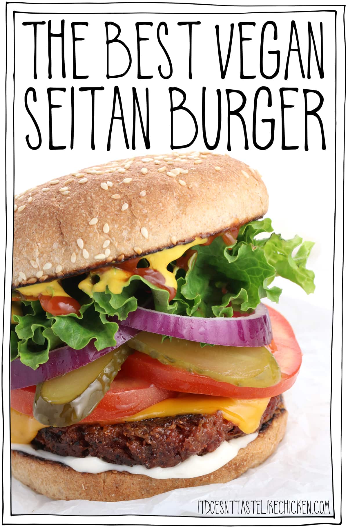 The Best Vegan Seitan Burger! Just 10 ingredients to make the best homemade burger patty ever. Juicy, chewy, meaty, and holds up on the grill! Make these ahead of time and store in the fridge or freezer until ready to serve. Then toss them on the grill or in a frying pan when ready to serve. #itdoesnttastelikechicken #veganrecipes #veggieburger