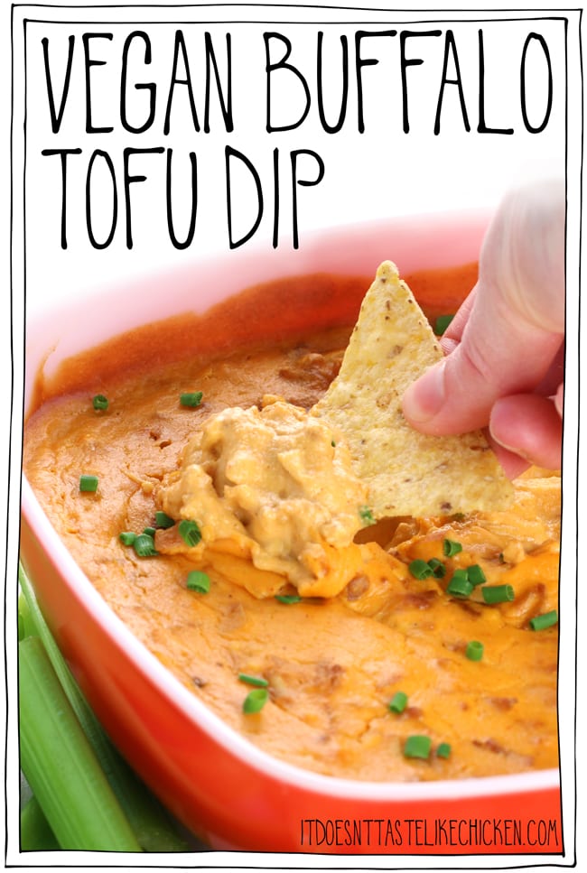 Vegan Buffalo Tofu Dip! This vegan buffalo chicken dip, tastes just like the classic, but better because it's easy to make, dairy-free, gluten-free, way healthier, make-ahead, and super delicious. Creamy, cheesy, spicy goodness perfect for any game day, BBQ, party, or movie night. #itdoesnttastelikechicken #veganrecipes