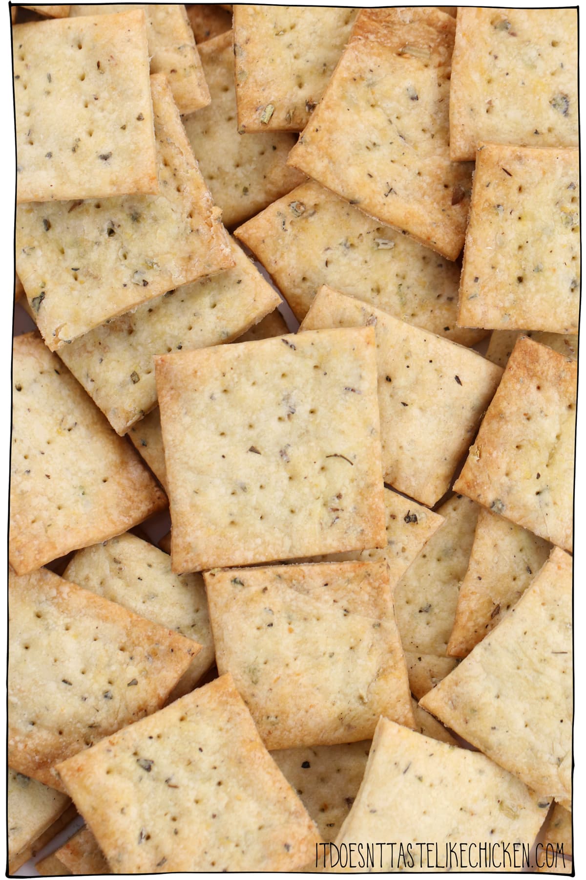 Easy Crispy Vegan Crackers! Just 9 ingredients to make these super crunchy crackers. Perfect for serving with your favourite vegan cheese, hummus, or any dip, or enjoy as a snack all on their own. #itdoesnttastelikechicken #veganrecipes #vegansnack