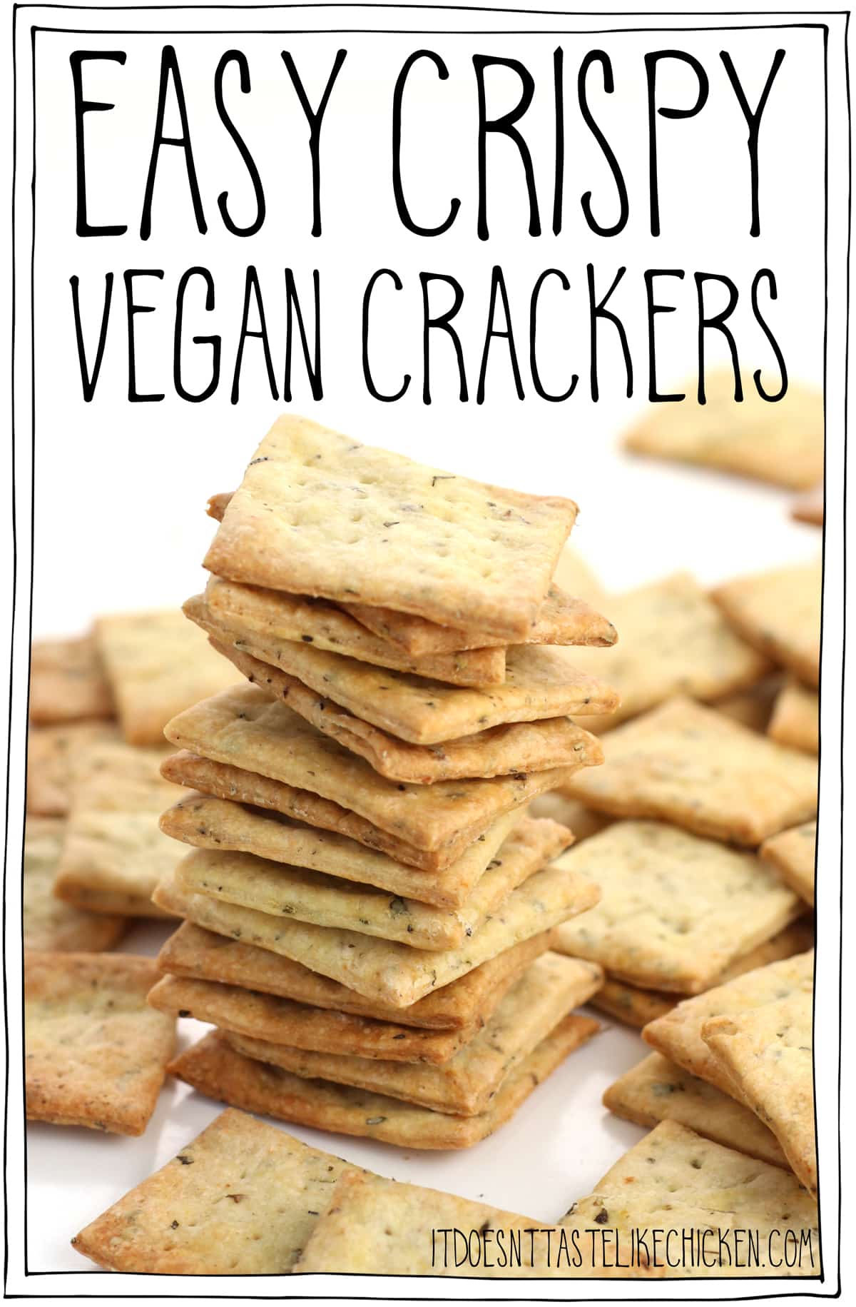 Easy Crispy Vegan Crackers! Just 9 ingredients to make these super crunchy crackers. Perfect for serving with your favourite vegan cheese, hummus, or any dip, or enjoy as a snack all on their own. #itdoesnttastelikechicken #veganrecipes #vegansnack