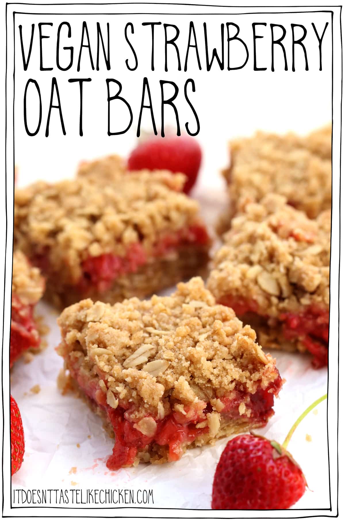 Vegan Strawberry Oat Bars! Sweet gooey strawberry filling surrounded by crumbly oatmeal cookie pastry, these old fashioned bars are summer dessert perfection! #itdoesnttastelikechicken #veganrecipe #vegandessert