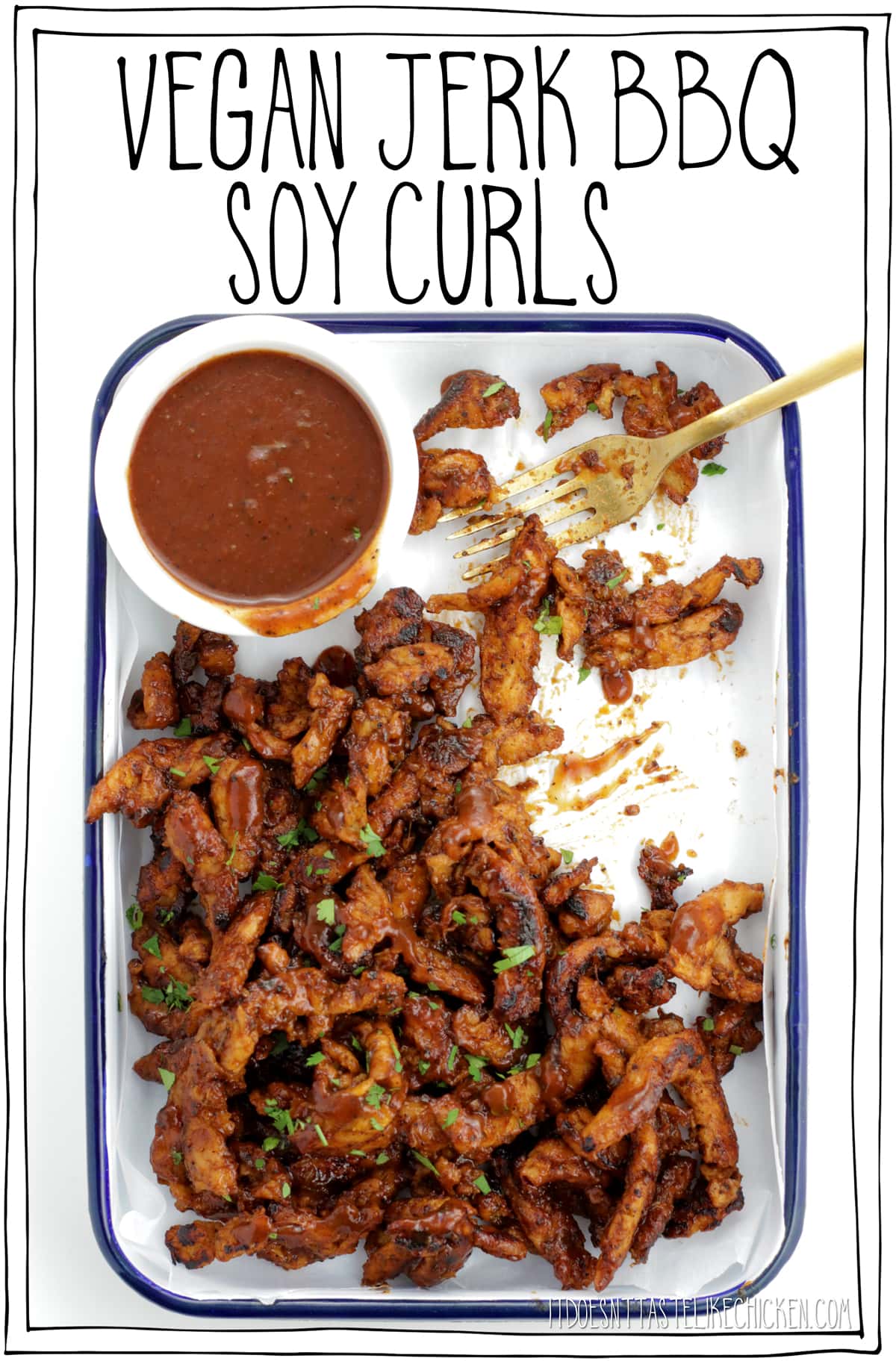 Vegan Jerk BBQ Soy Curls! 20 minutes and just 4 ingredients to make! Spicy, saucy, tender, to die for delicious. Serve them along with some rice and coleslaw, pile them high on a bun, roll them into a wrap, or top a grain bowl. #itdoesnttastelikechicken #veganrecipe #soycurls