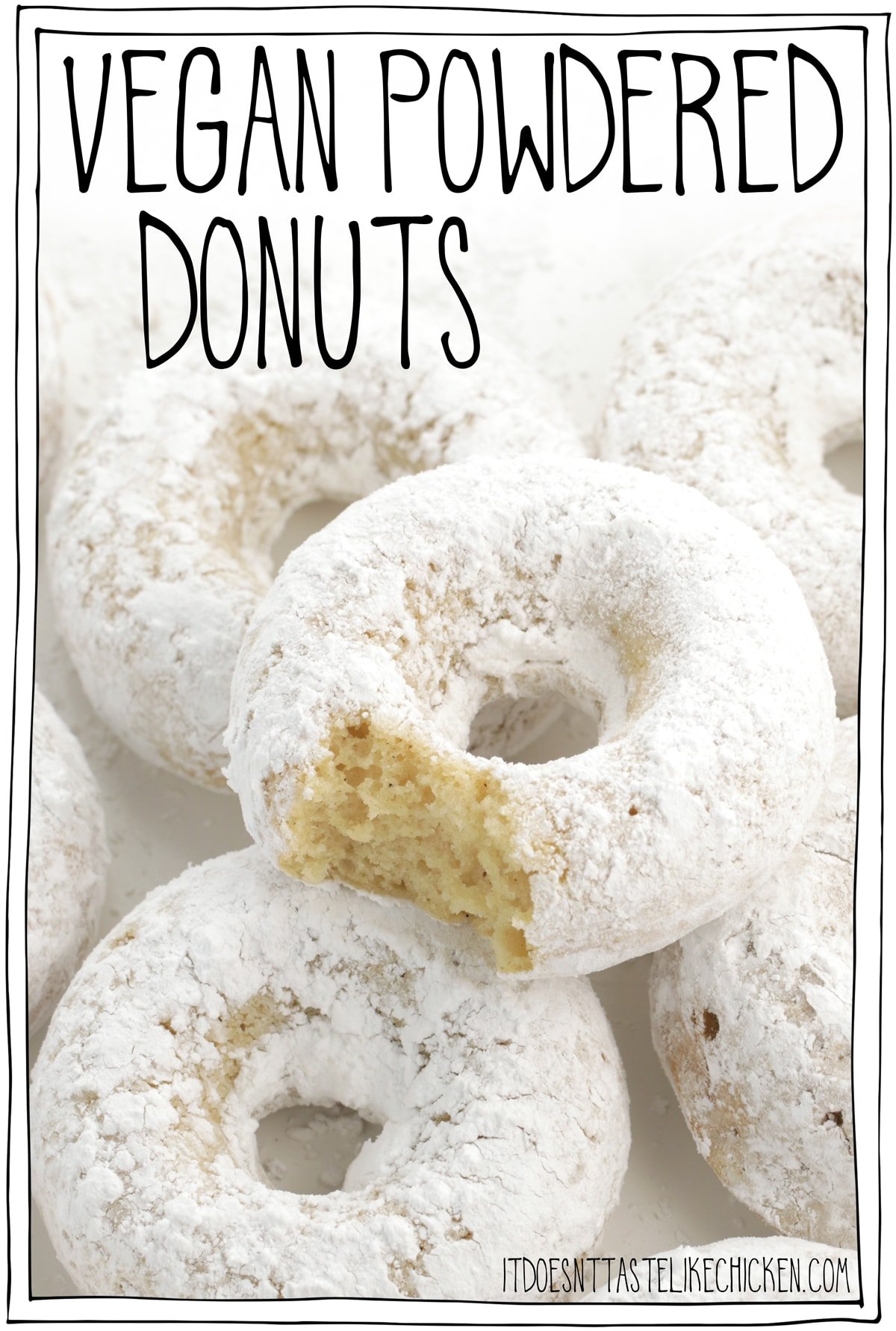 Vegan Powdered Donuts! Homemade donuts are easy to make and taste just like old fashioned white sugar powdered donuts. These baked donuts are the perfect dessert or snack! #itdoesnttastelikechicken #veganrecipes #donuts #veganbaking