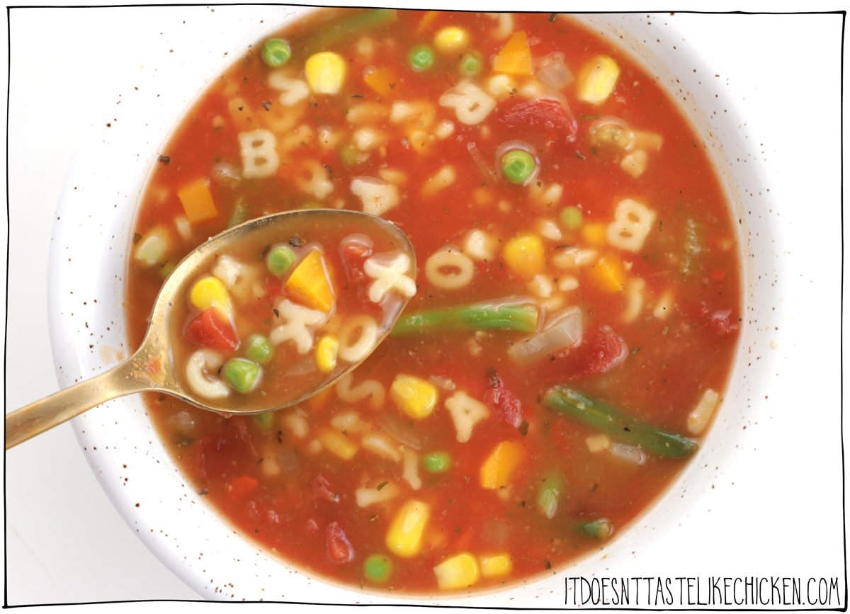 Easy Vegan Alphabet Soup! Healthy homemade soup recipe that's fun to eat! Perfect for lunches or an easy meal. Freezer-friendly. Gluten-free and oil-free options. #itdoesnttastelikechicken #veganrecipes #soup