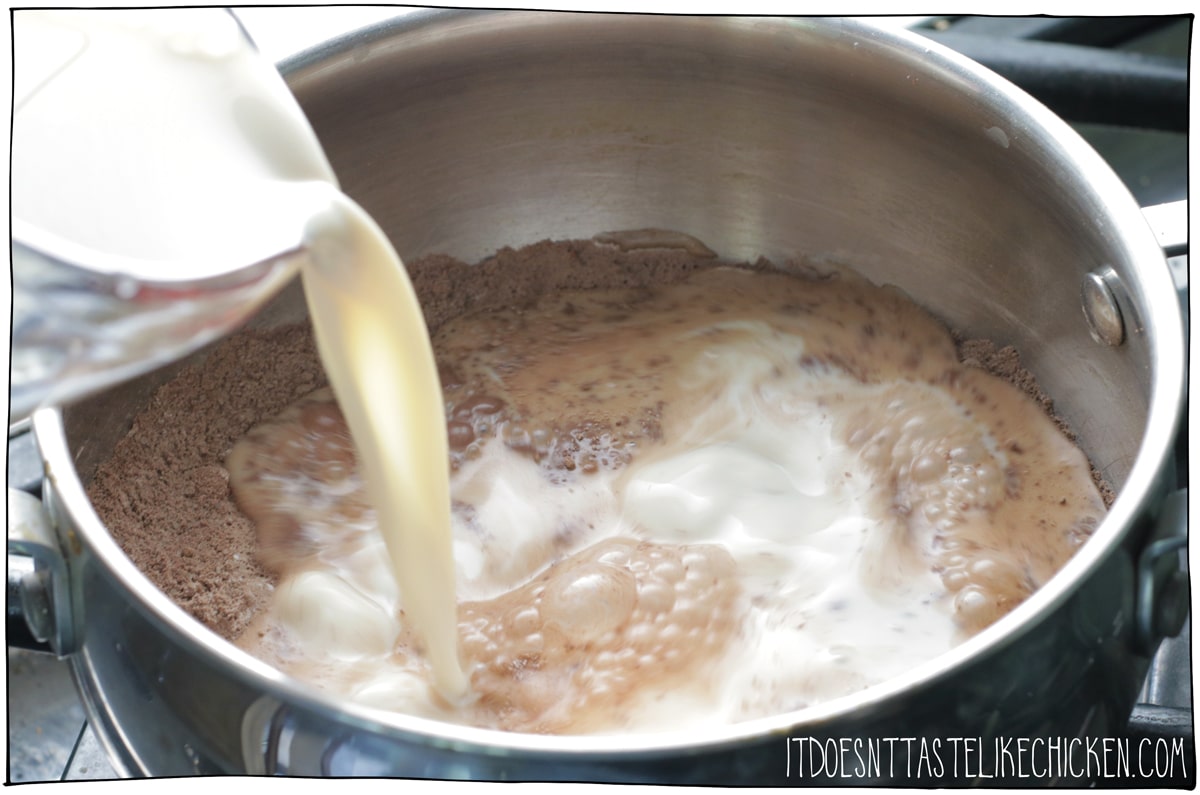 Whisk together the sugar, cocoa, and cornstarch. Add dairy-free milk and whisk to combine