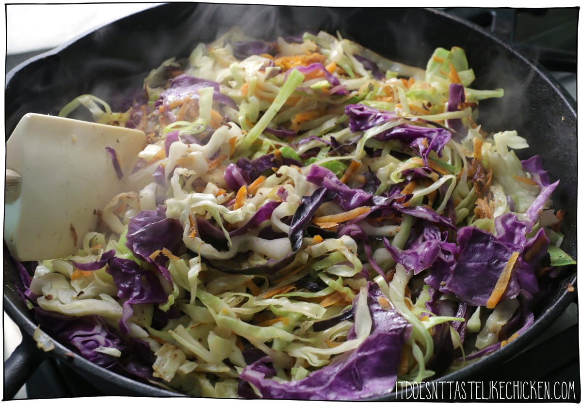 Sauté the cabbage and carrot.