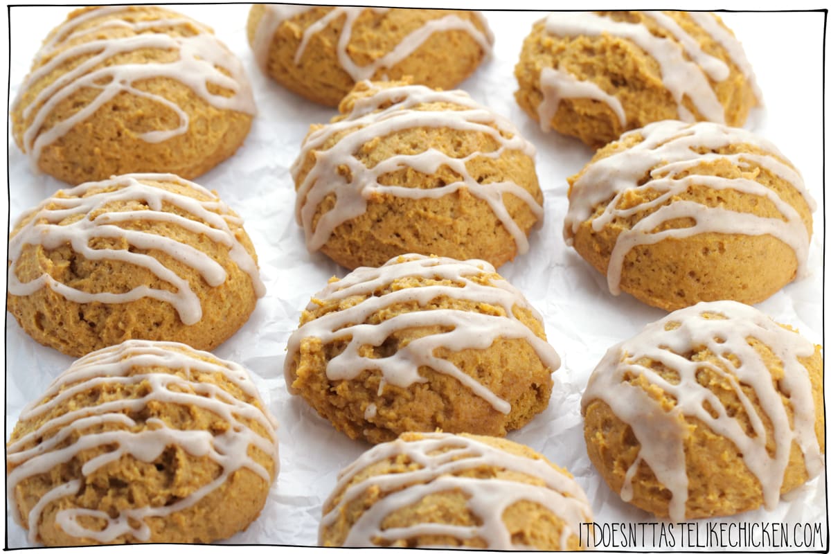 Soft Vegan Pumpkin Cookies with pumpkin spice icing are every bit as delicious as they sound! These old fashioned cookies are super soft and cakey, almost like the top part of a cupcake more than a traditional cookie. They are easy to make and freeze beautifully. #itdoesnttastelikechicken #veganrecipes #veganbaking