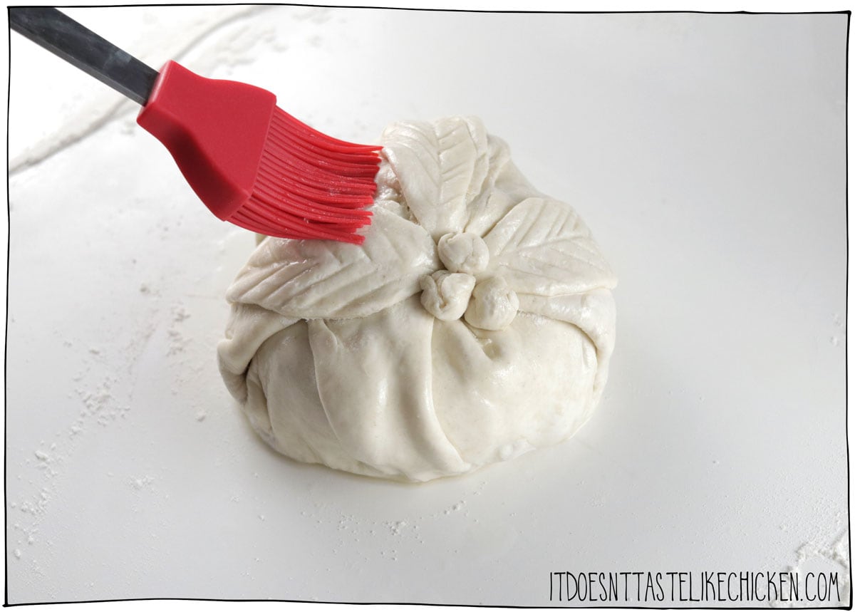Decorate if desired then brush with aquafaba or plant-based milk. Bake for 45 minutes.