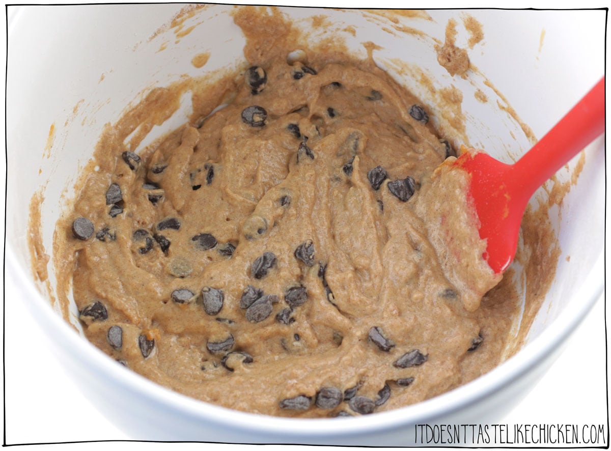 Pour the wet into dry and mix until just combined. Lightly fold in the chocolate chips.