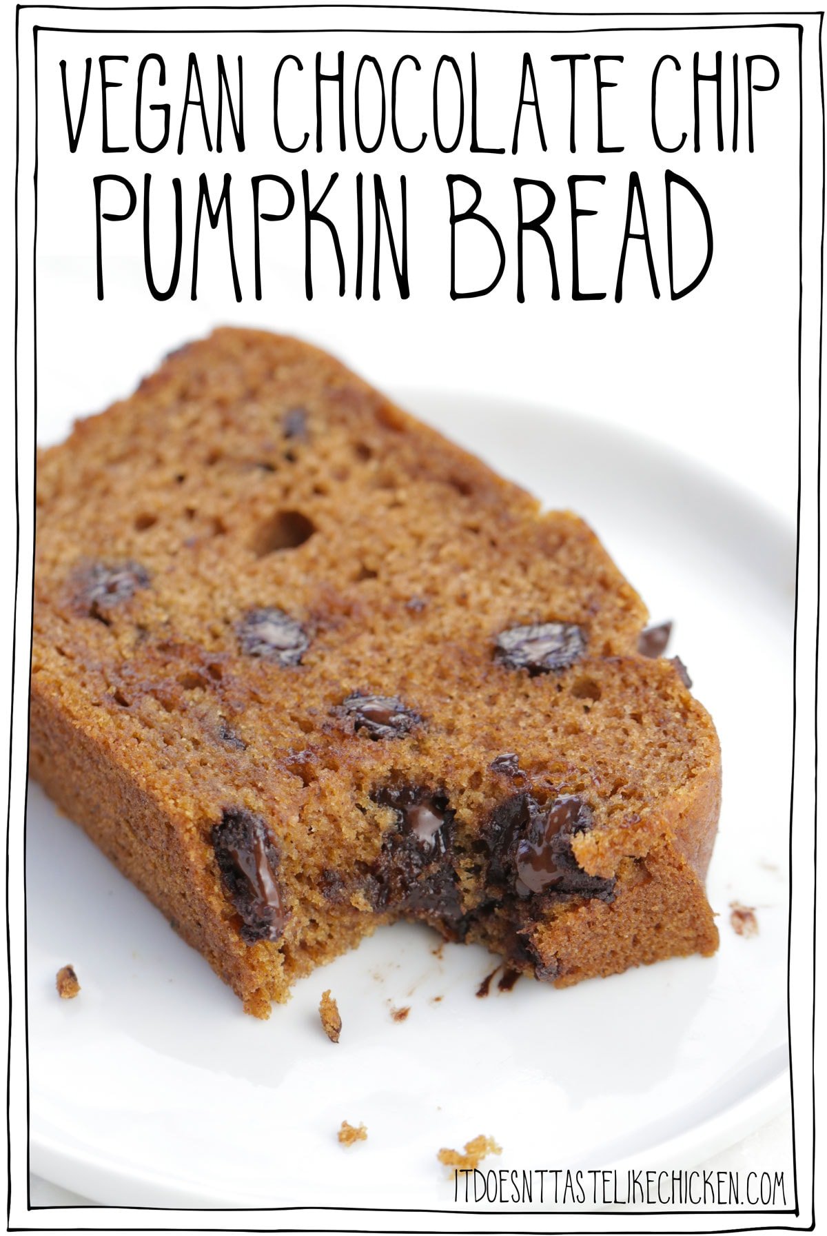 This Vegan Chocolate Chip Pumpkin Bread is so tender, it's deliciously moist, chocolatey, pumpkin infused, and surprisingly easy to make too! Just whip up the simple batter, pour in a pan, and bake. That's it. And if you don't like chocolate (weirdo), you can either omit the chocolate chips, or replace them with crunchy walnuts, pecans, or pepitas. #itdoesnttastelikechicken #veganbaking #pumpkin