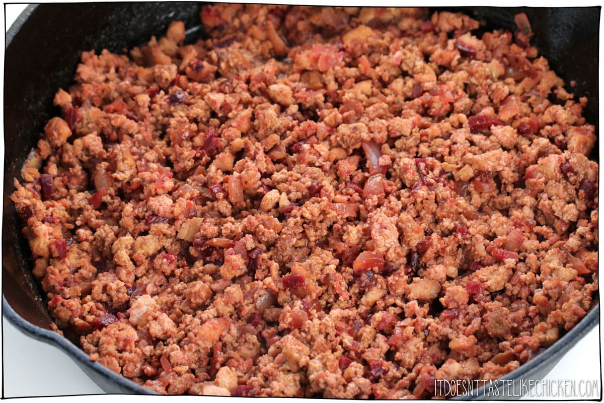 Vegan Tofu & Beet Ground (vegan ground beef)! This veggie ground is made with just a few simple ingredients that make for a chewy, juicy, meaty, totally vegan bite. Flavourful, but only lightly seasoned so you can use it anywhere where you would have used ground beef. Lasagna, pasta, burritos, tacos, sloppy joes, nachos, soups, shepherds pie... the options are endless! Make ahead of time, and store in the fridge or freezer for later so you have it on hand. #itdoesnttastelikechicken #veganrecipes
