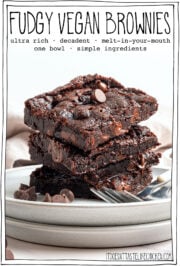 3 brownies stacked on plate with text overlay that reads fudgy vegan brownies.