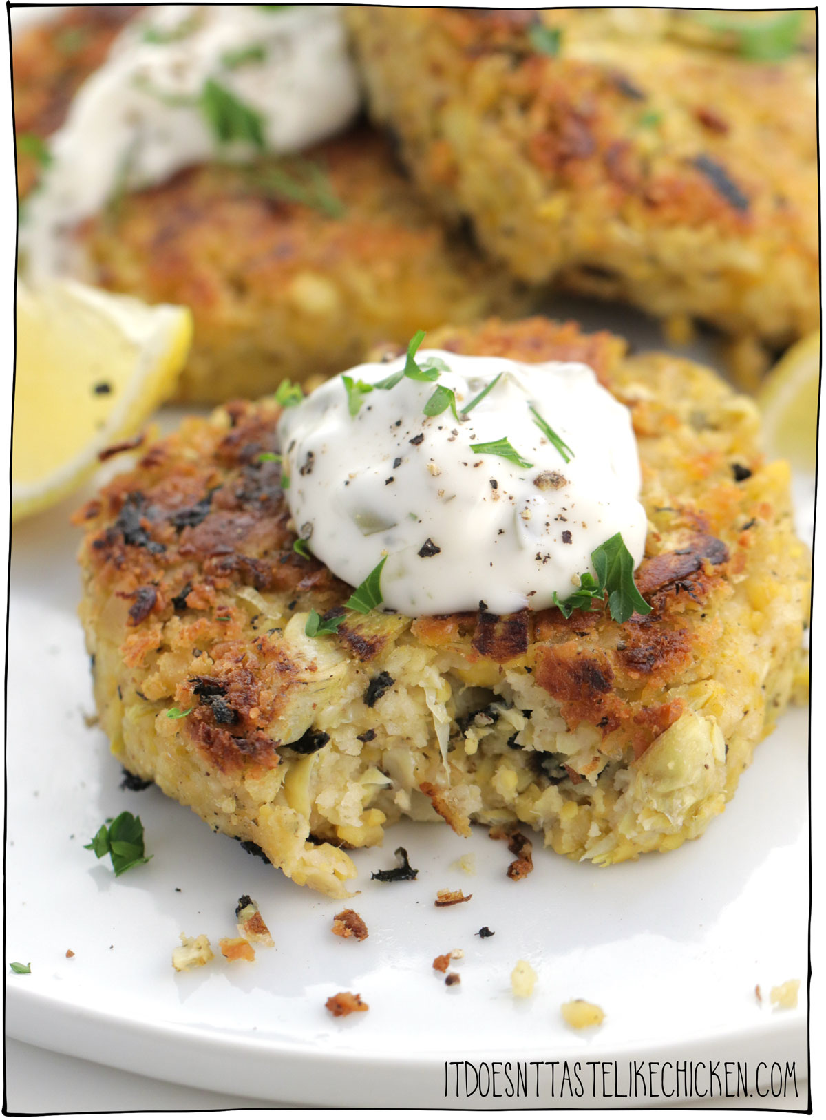 Just 9 ingredients and super-easy to make. These Easy Vegan Crab Cakes can be made in a skillet or a pan but I have also included air-fryer instructions as well as baked options! Oh, and they can be made oil-free! Flaky, tender, and creamy, these Easy Vegan Crab Cakes are next-level good! #itdoesnttastelikechicken #vegancrabcakes 