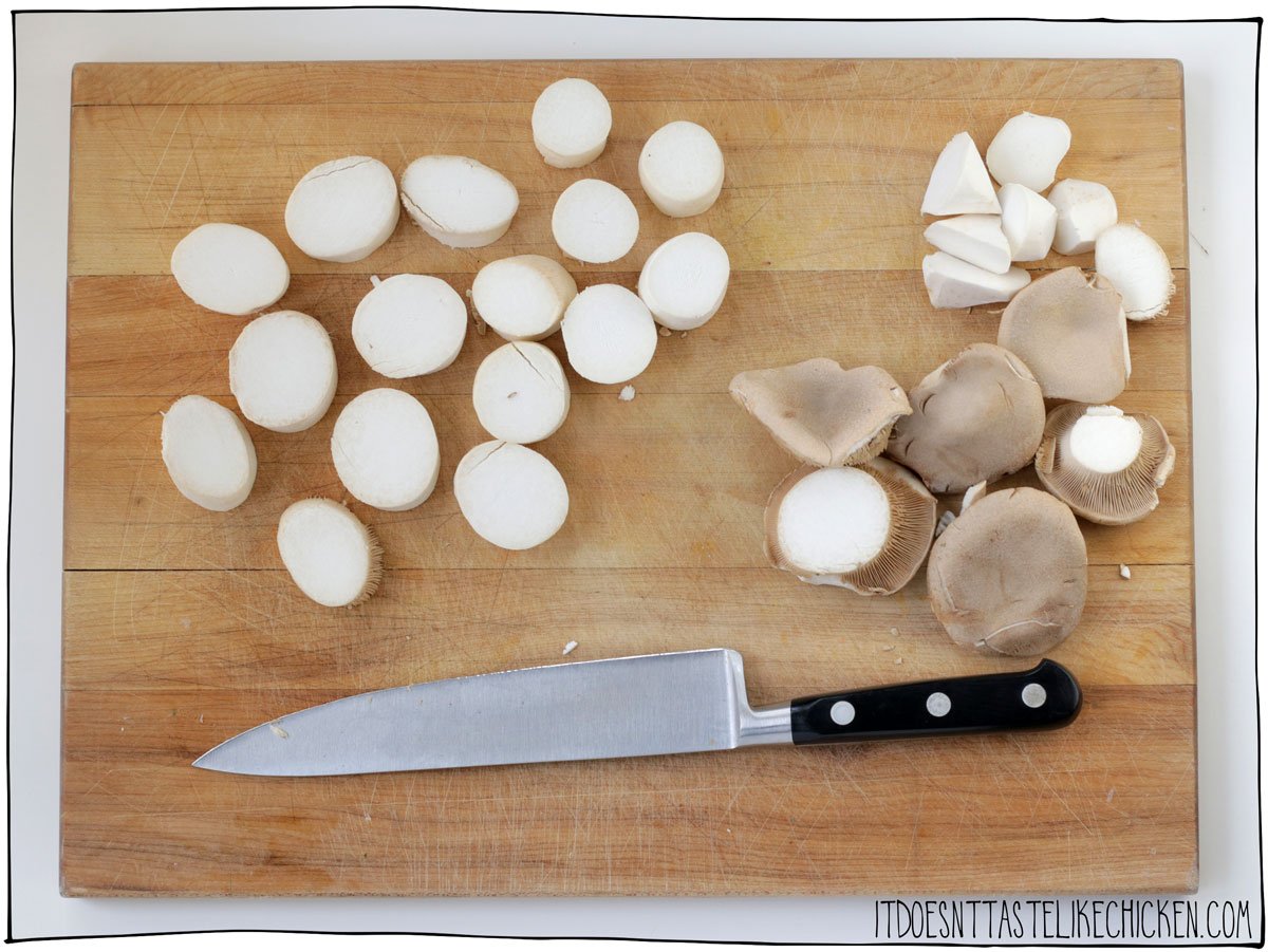 Slice the mushroom stems into 1 inch thick rounds