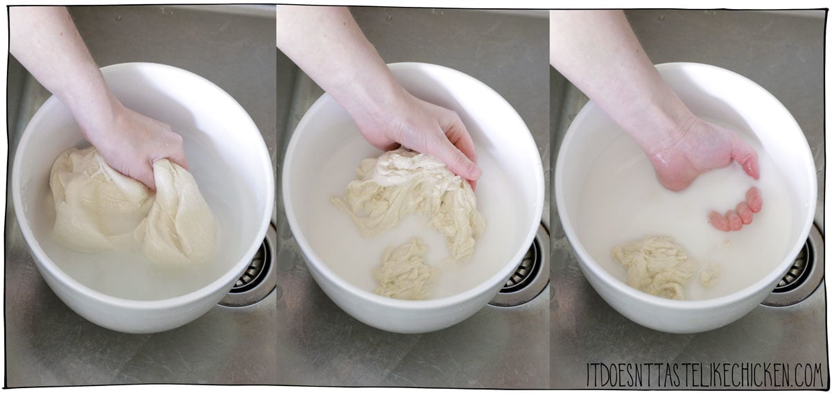 Begin making the washed flour seitan by washing the dough ball underwater, squishing it between your fingers until the water is opaque and milky.