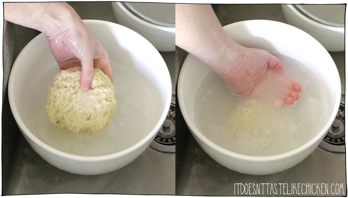 Keep washing and the dough will start to come back together again. Wash until it's the texture of soft chewing gum and the water is mostly clear. This the perfect texture for washed flour seitan.