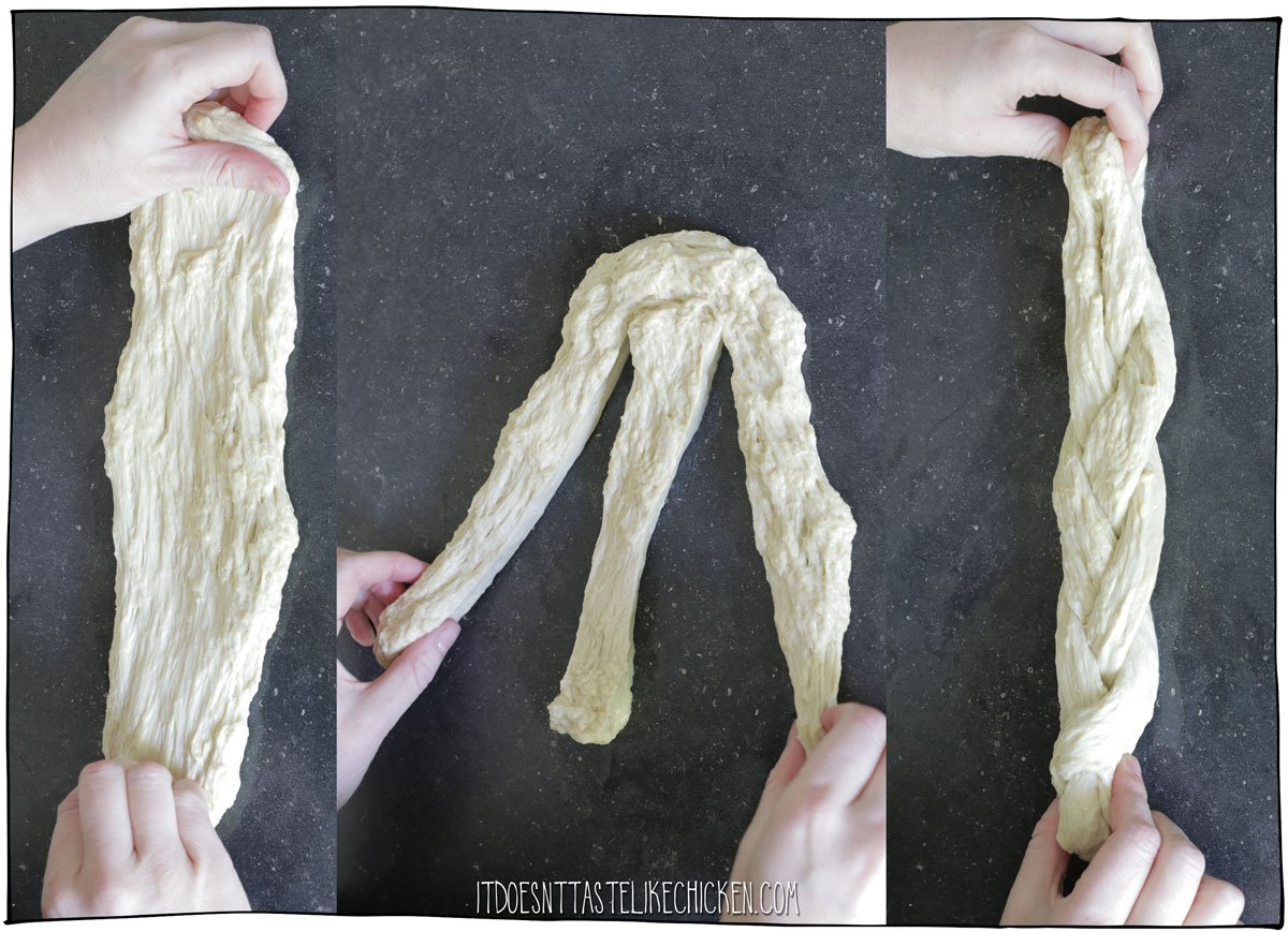 Strech the dough, and then braid.