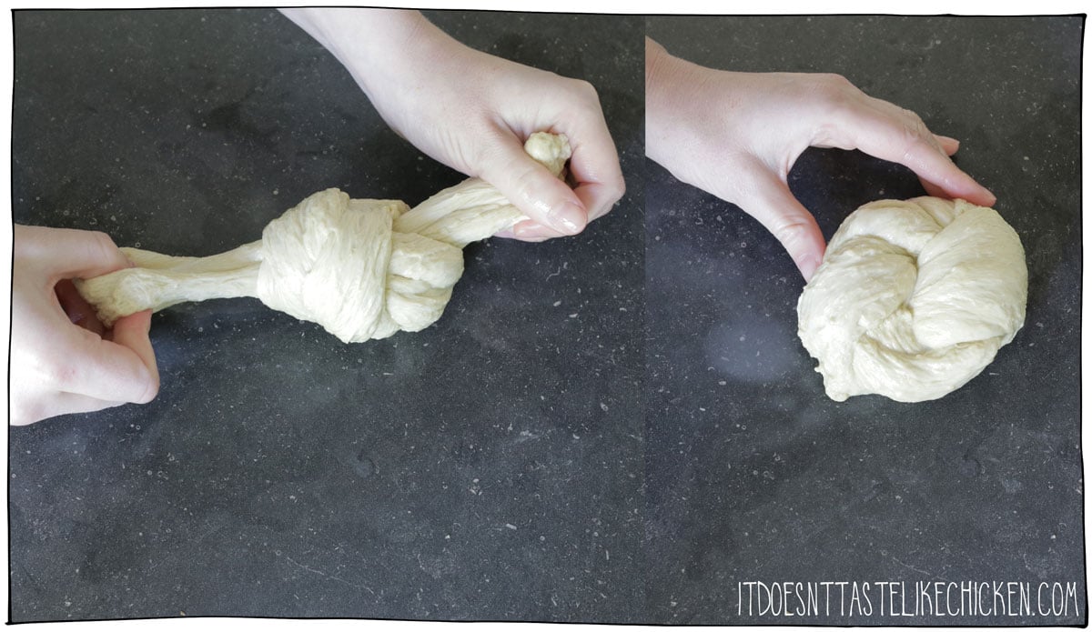 Stretch the dough and tie into 1 - 2 knots. This will give the 2 ingredient vegan chicken a pull-apart texture.