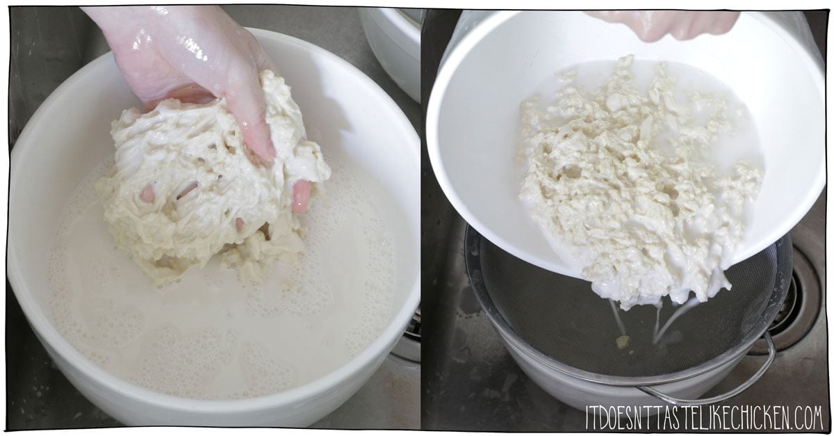 Drain the water and continue adding fresh water to wash the dough. The dough will start coming apart. Use a strainer to catch dough bits.