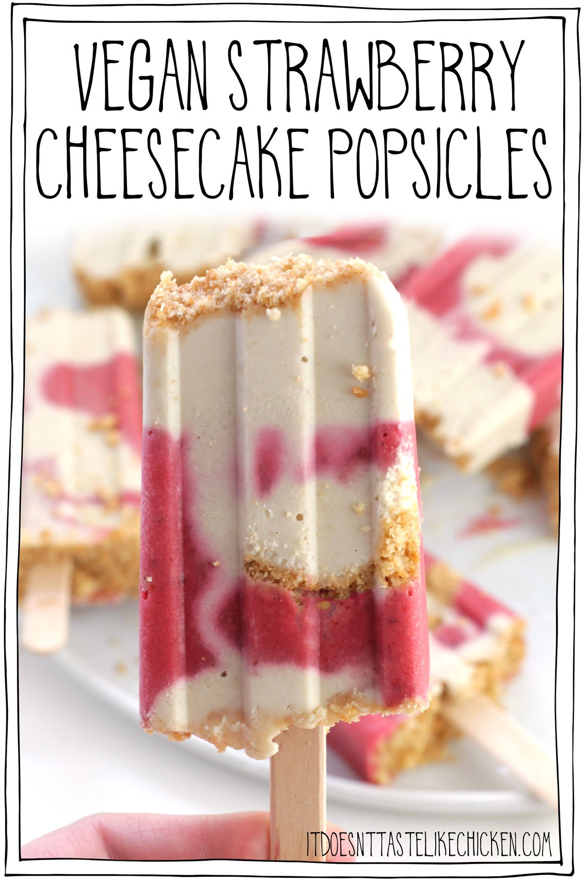 Vegan Strawberry Cheesecake Popsicles! These taste just like strawberry cheesecake- but on a stick! ... and frozen! I'm obsessed. It's a little shocking how just 8 ingredients and only 15 minutes of your time is all it takes to whip up the delicious treats. Just blend, pour, and freeze. #itdoesnttastelikechicken #veganrecipes #dairyfree
