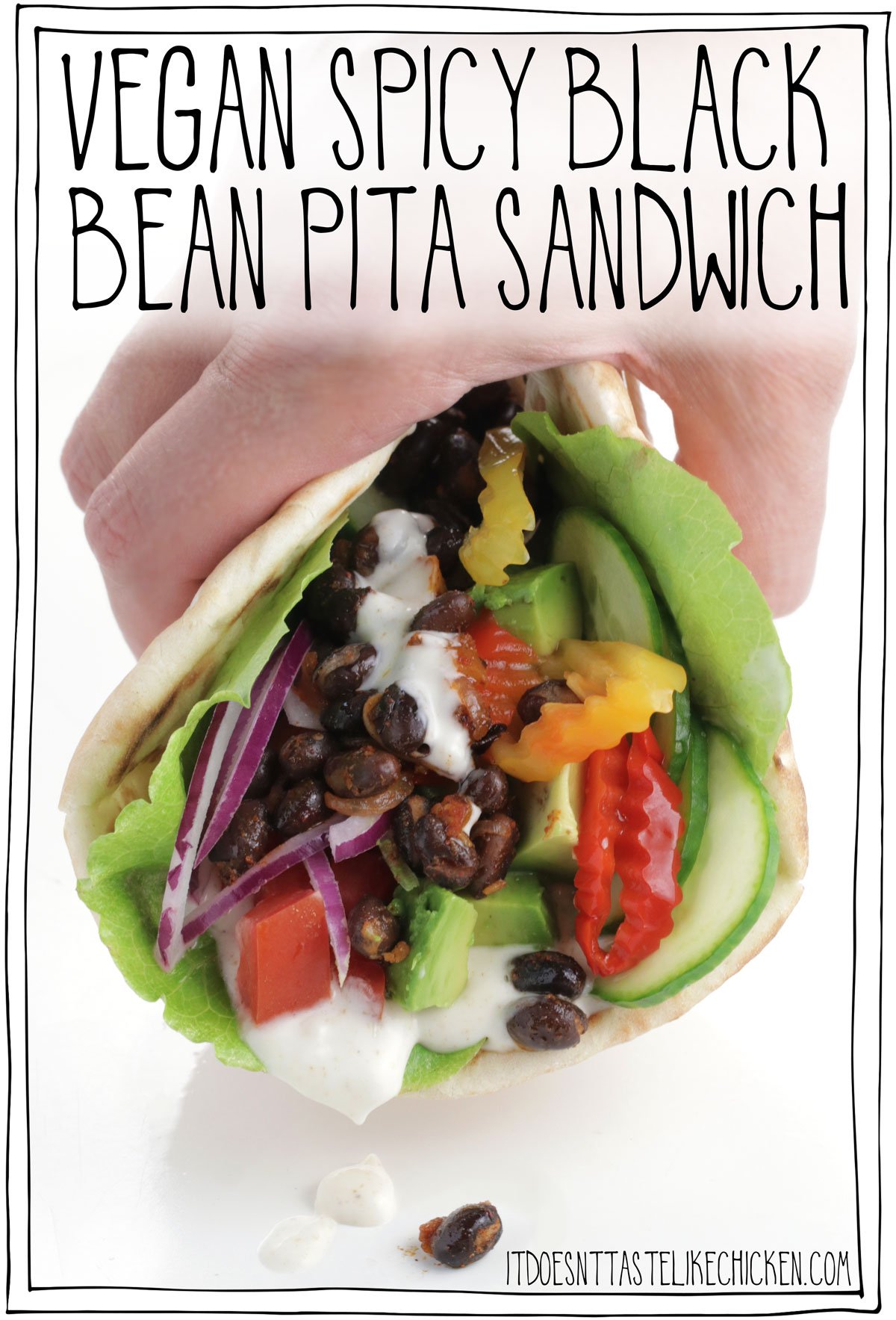 Vegan Spicy Black Bean Pita Sandwich! This 20-minute vegan pita is next-level delicious! With spicy black beans, a creamy tangy mayo, and a mountain of fresh veg, this is the perfect hearty vegan sandwich the enjoy for lunch or dinner. These sandwiches can be made oil-free, gluten-free, and if you don't have any pitas on hand, feel free to load all of these toppings into a wrap or on your favourite sandwich bread. #itdoesnttastelikechicken #veganrecipes