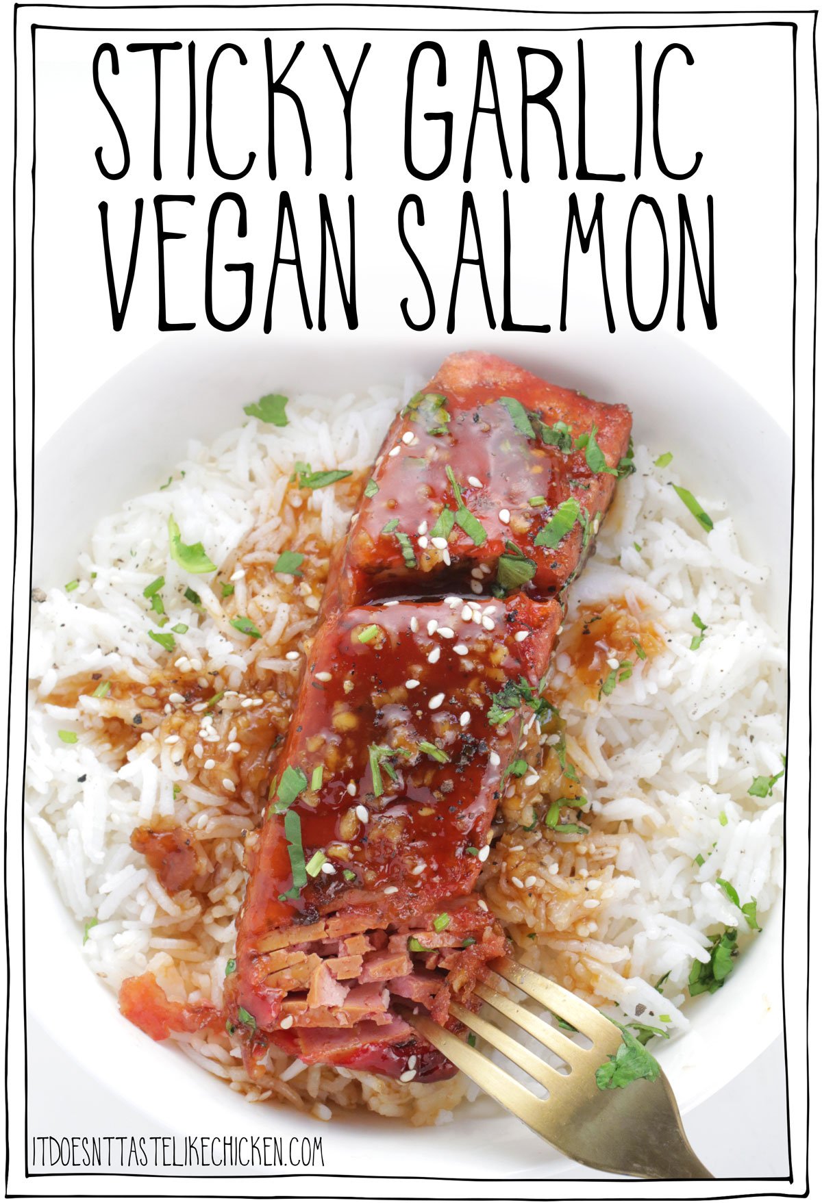 This is vegan seafood at its finest! This tofish (tofu fish) looks like and tastes like salmon. How cool is that!? Sticky garlic vegan salmon is perfect served over a bed of rice or on rice noodles. This looks fancy but this recipe is fairly easy to make as well using ingredients you can find at your local grocery store. #itdoesnttastelikechicken #veganrecipe #veganseafood