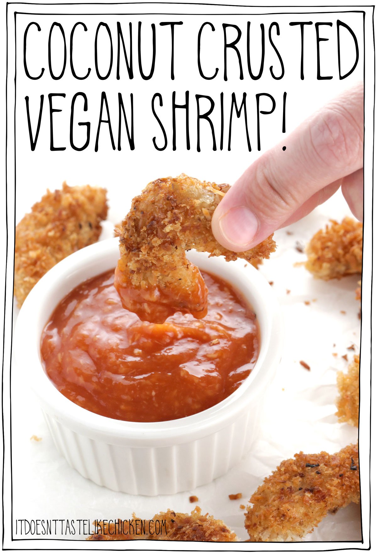 Coconut Crusted Vegan Shrimp! Golden, crispy, coconut coated on the outside, lightly chewy, juicy, with a slight taste of the sea on the inside. Serve these with homemade cocktail sauce for a real crowd-pleaser. The secret ingredient to make these shrimp: soy curls! Oil-free and air fryer versions are included in the recipe notes! #itdoesnttastelikechicken #veganshrimp #veganseafood