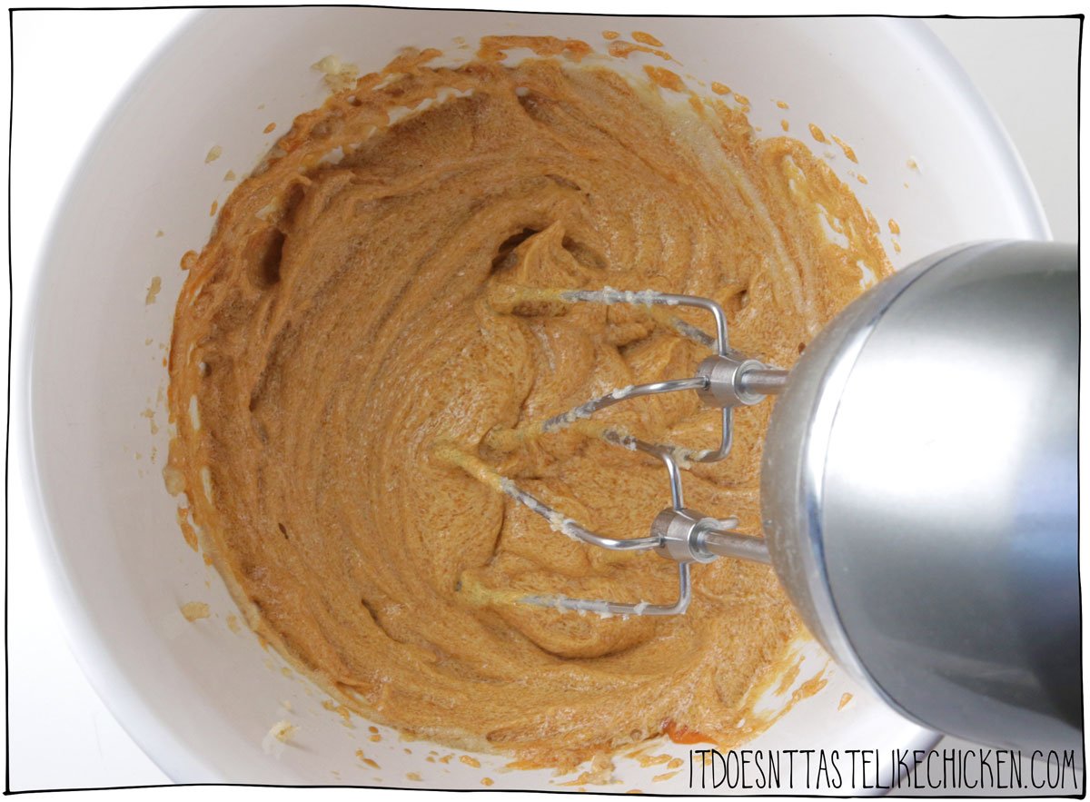 Whip the vegan butter and sugars together. Then add the pumpkin and vanilla.