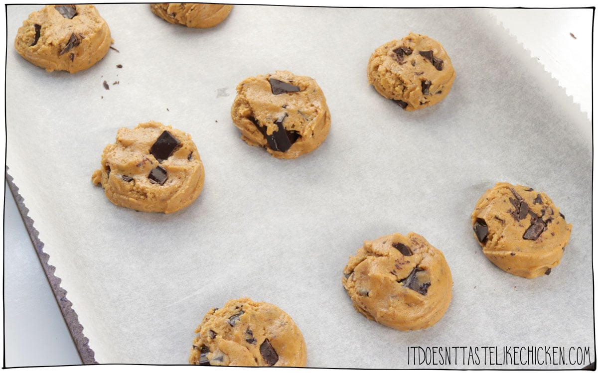 Scoop 2 tablespoons of cookie dough and lightly pat down. Repeat to make 16 cookies