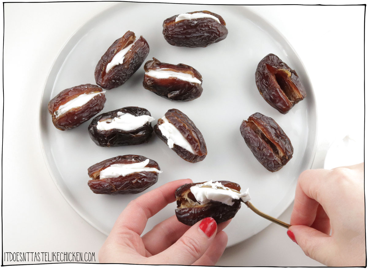 Fill the dates with vegan cream cheese