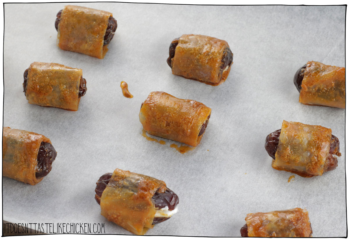 Lay the bacon wrapped dates on a parchment paper lined tray and bake.