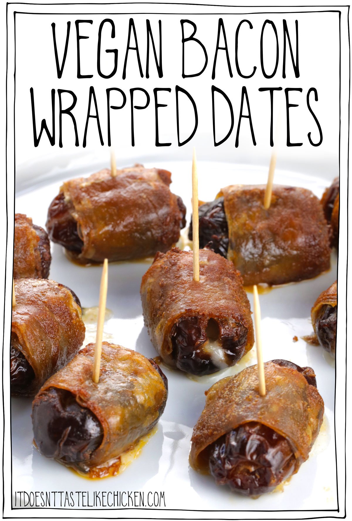 Sweet sticky dates are stuffed with creamy vegan cheese and wrapped in homemade smoky vegan rice paper bacon! Um, yes, please. Vegan Bacon Wrapped Dates are the perfect sweet and salty appetizer that looks and tastes super impressive but it's actually pretty easy to make with just 9 ingredients! The perfect vegan appetizer for your holiday parties and dinner parties. #itdoesnttastelikechicken #veganappetizer