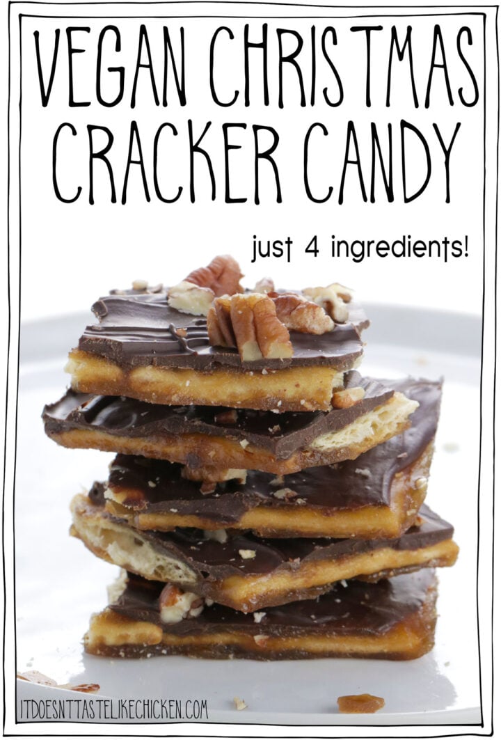 Just 4 ingredients, super easy to make, this Vegan Christmas Cracker Candy is the perfect treat for your holiday celebrations! Crunchy, chocolatey, sweet, and salty, it's insanely yummy- trust me when I say, this dessert with be the star of the show! #itdoesnttastelikechicken #vegandesserts #christmas