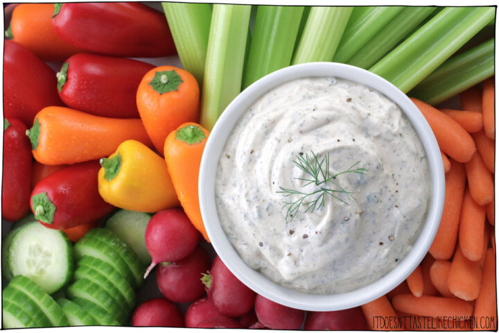 This vegan ranch veggie dip recipe is healthy, easy, and takes just 5 minutes to make! Creamy, tangy, and irresistibly delicious, with this dip, you will want to snack on veggies all the time. (I sure do)! We make this dip weekly in our house, it's perfect for a quick snack, as an appetizer for parties, and it can also be used as a salad dressing and a sandwich spread. #itdoesnttastelikechicken #veganrecipe