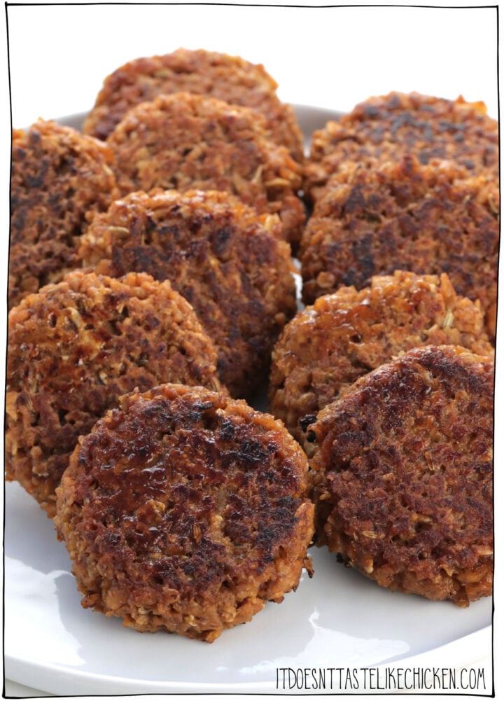 Quick and easy to make, freezer-friendly, incredibly delicious, with a gluten-free option, these easy vegan breakfast sausages patties are the perfect addition to your plant-based morning meal! #itdoesnttastelikechicken #veganrecipes 