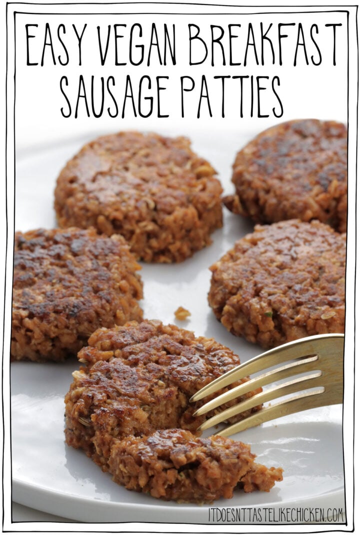 Quick and easy to make, freezer-friendly, incredibly delicious, with a gluten-free option, these easy vegan breakfast sausages patties are the perfect addition to your plant-based morning meal! #itdoesnttastelikechicken #veganrecipes 