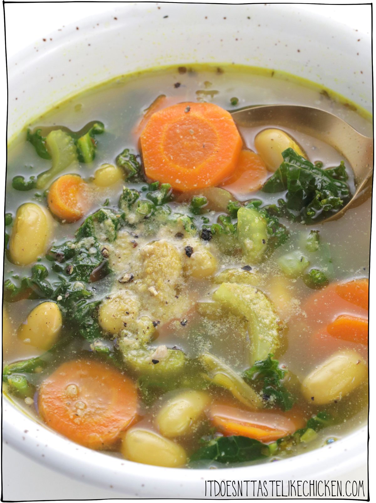 My go-to vegan soup recipe is this 20-minute white bean & kale soup because it's simple, packed full of veggies, made with ingredients you likely already have on hand and will make you feel great! #itdoesnttastelikechicken #veganrecipes #vegansoup