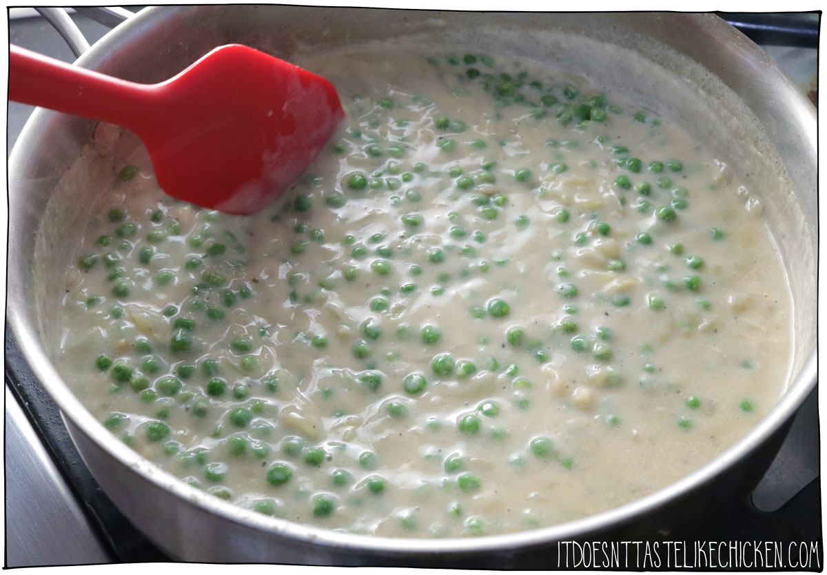 Add the plant-based milk, salt and pepper. Simmer then stir in the peas