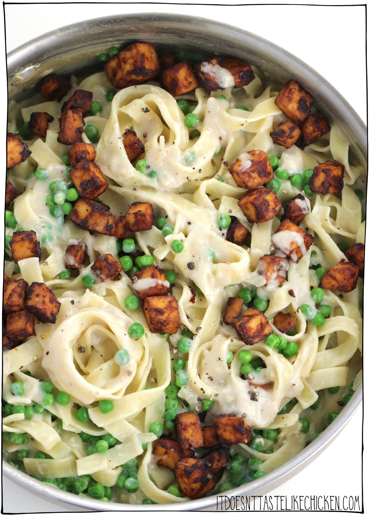 Vegan Creamy Pancetta & Pea Pasta takes just 30 minutes to make and is super creamy with pops of sweet peas, and topped with smoky vegan pancetta which is made from tofu! This recipe is easy to make and is bursting with flavor!