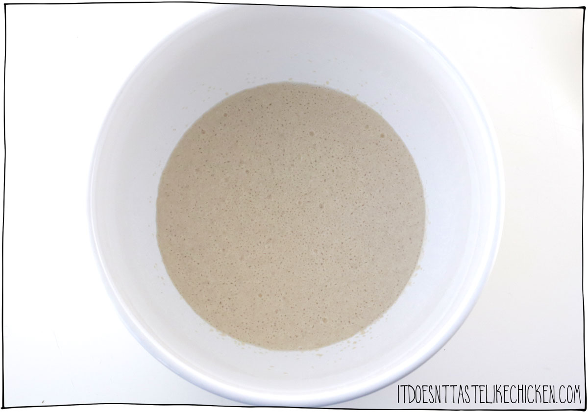Mix the yeas with warm water, warm plant-based milk, and sugar, let rest for 10 minutes to become foamy.