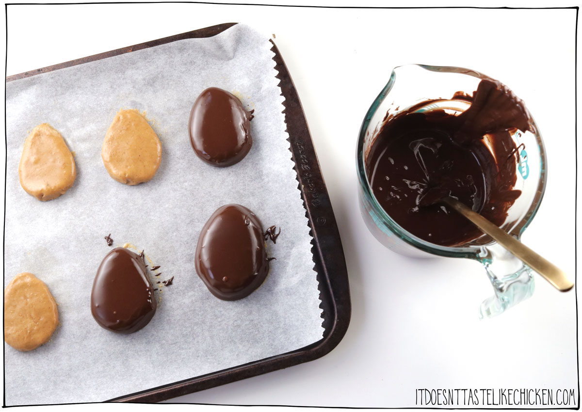 Freeze the peanut butter eggs then dip them in melted chocolate