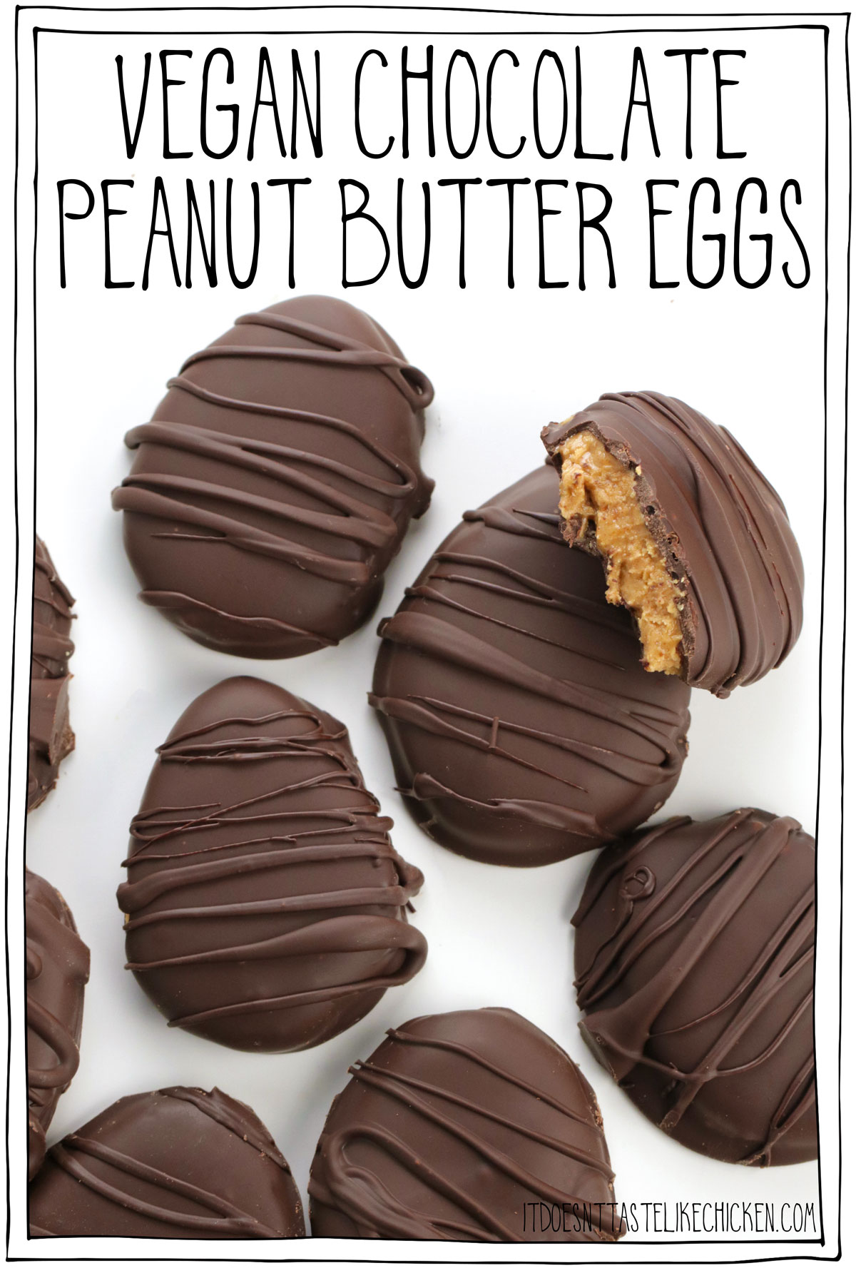 Just 5 ingredients to make these homemade Vegan Chocolate Peanut Butter Eggs! They taste just like Reese's (no really), except better because they are vegan! Melt-in-your-mouth salty, sweet peanut butter is dipped in melted chocolate. The perfect treat for your Easter basket!