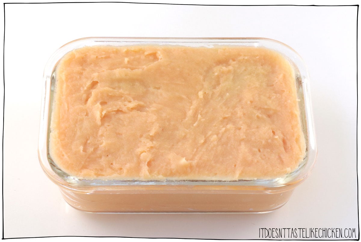 Pour into a mold. This easy homemade lentil tofu will be a light salmon color. How cute!